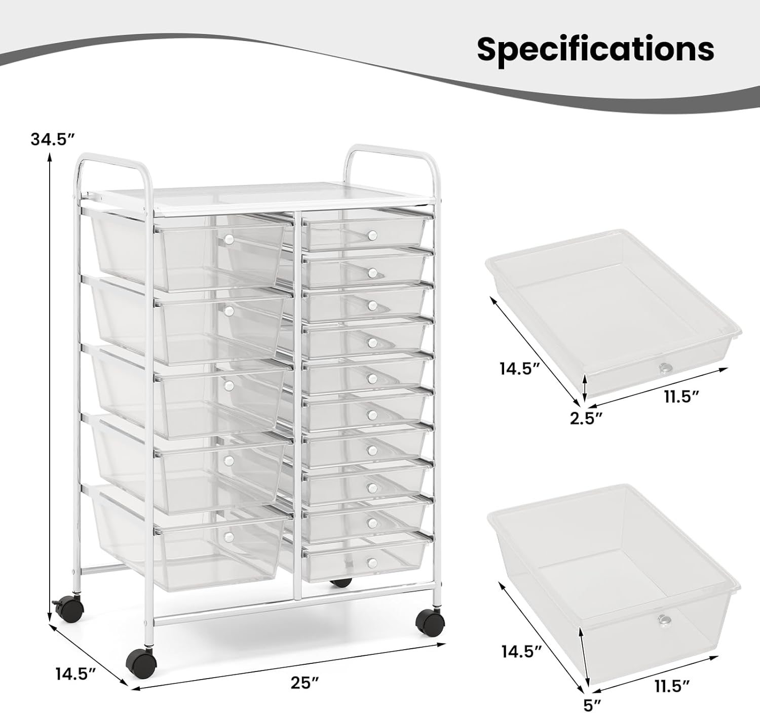15-Drawer Rolling Cart, Mobile Storage Cart with Universal Wheel & Metal Frame, Multipurpose Trolley Utility Cart, Craft Art Cart Organizer for Home Office School