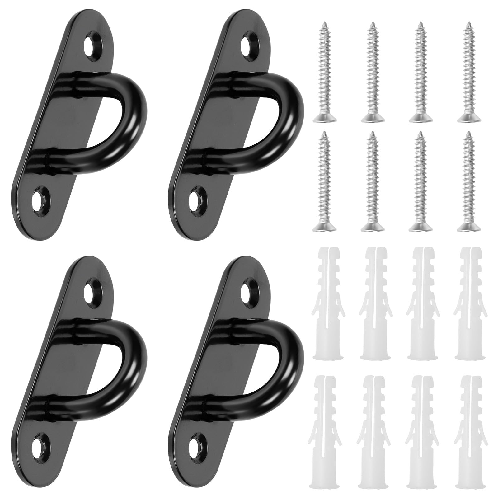 Swpeet 4Pcs M5 304 Stainless Steel Black Oval Pad Eye Plate Hook with Screws and Plastic Anchors Assortment Kit, Marine Hardware Hooks Ceiling U Hook Staple Ring Hooks for Securing Hanging