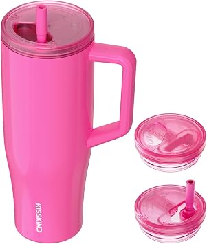 KISSKIND 40 oz Lumispin Tumbler with Handle and Hidden Straw, 100% Leak Proof Water Cup with Handle, Insulated Water Bottle for Travel, Mom, Nurse, Teacher, Student, Neon Pink
