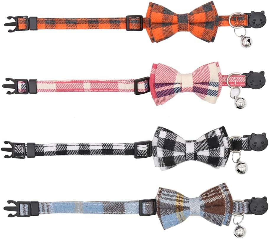 4 Pack/Set Cat Collar Breakaway with Cute Bow Tie and Bell Plaid for Kitty Adjustable Safety