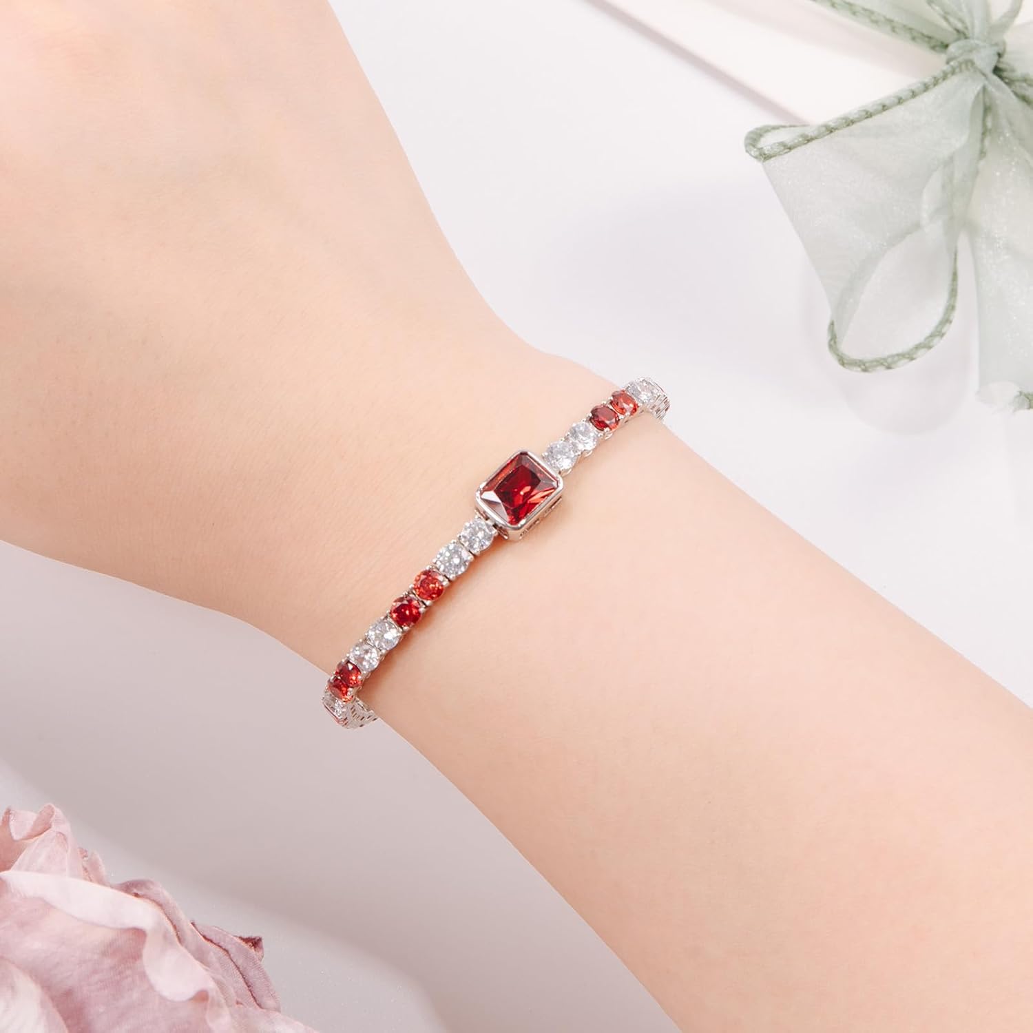 Birthstone Bracelets for Women Birthday Gifts 4CT Radiant Cut Birthstone 4mm Sterling Silver White Gold Tennis Bracelets for Women Round Cut 5A Cubic Zirconia Bezel Setting 7 Inch - Image 3