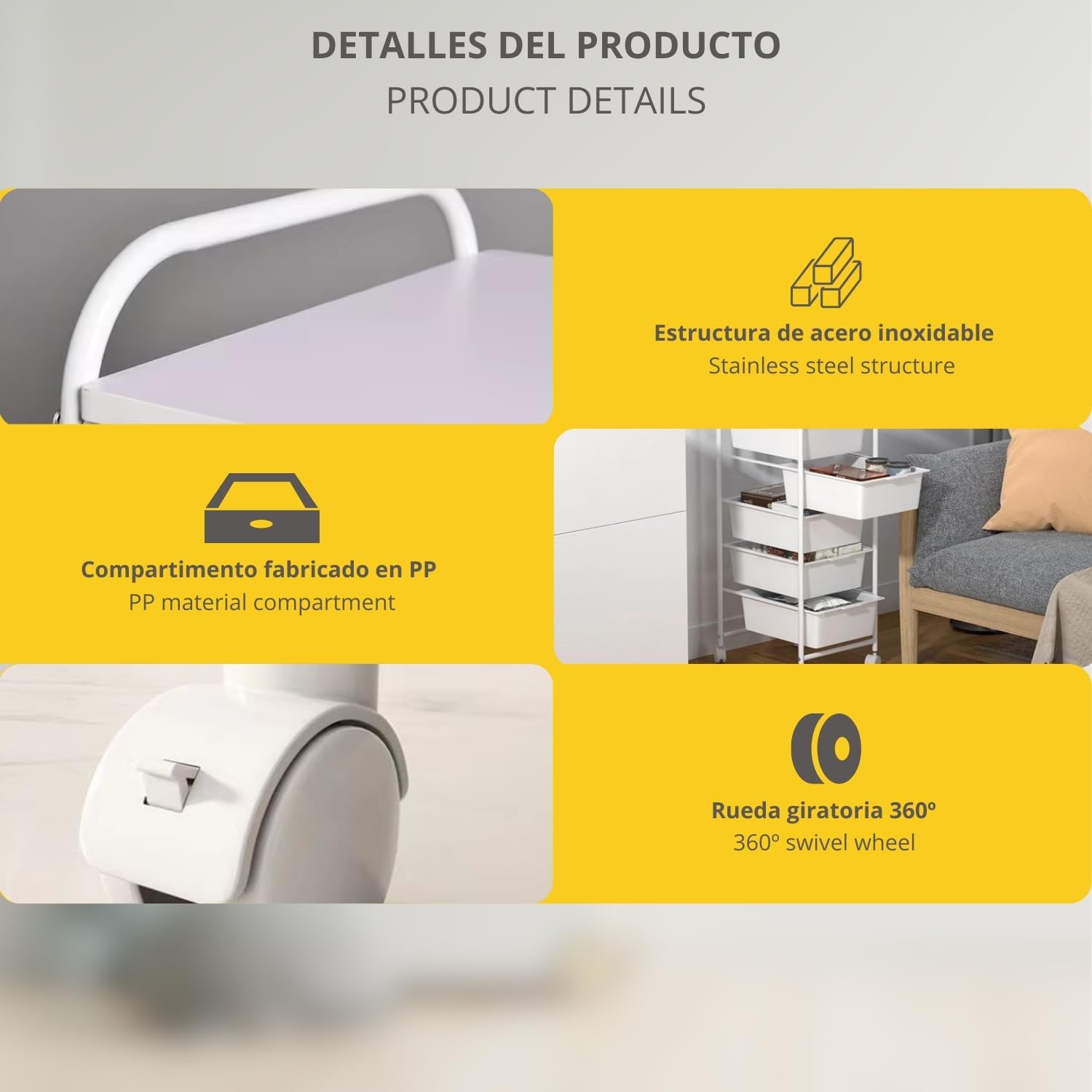 Carro de Almacenamiento Móvil con Ruedas, 5 Niveles, Organizador Metálico con Cajones de Plástico
