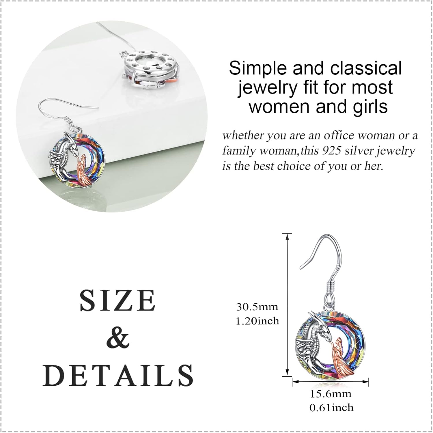 Miniatura 5 de Aretes colgantes de dragónlobobúho, regalos para niñas y mujeres, plata de ley de cristal, niña y árbol de la vida, regalos de joyería