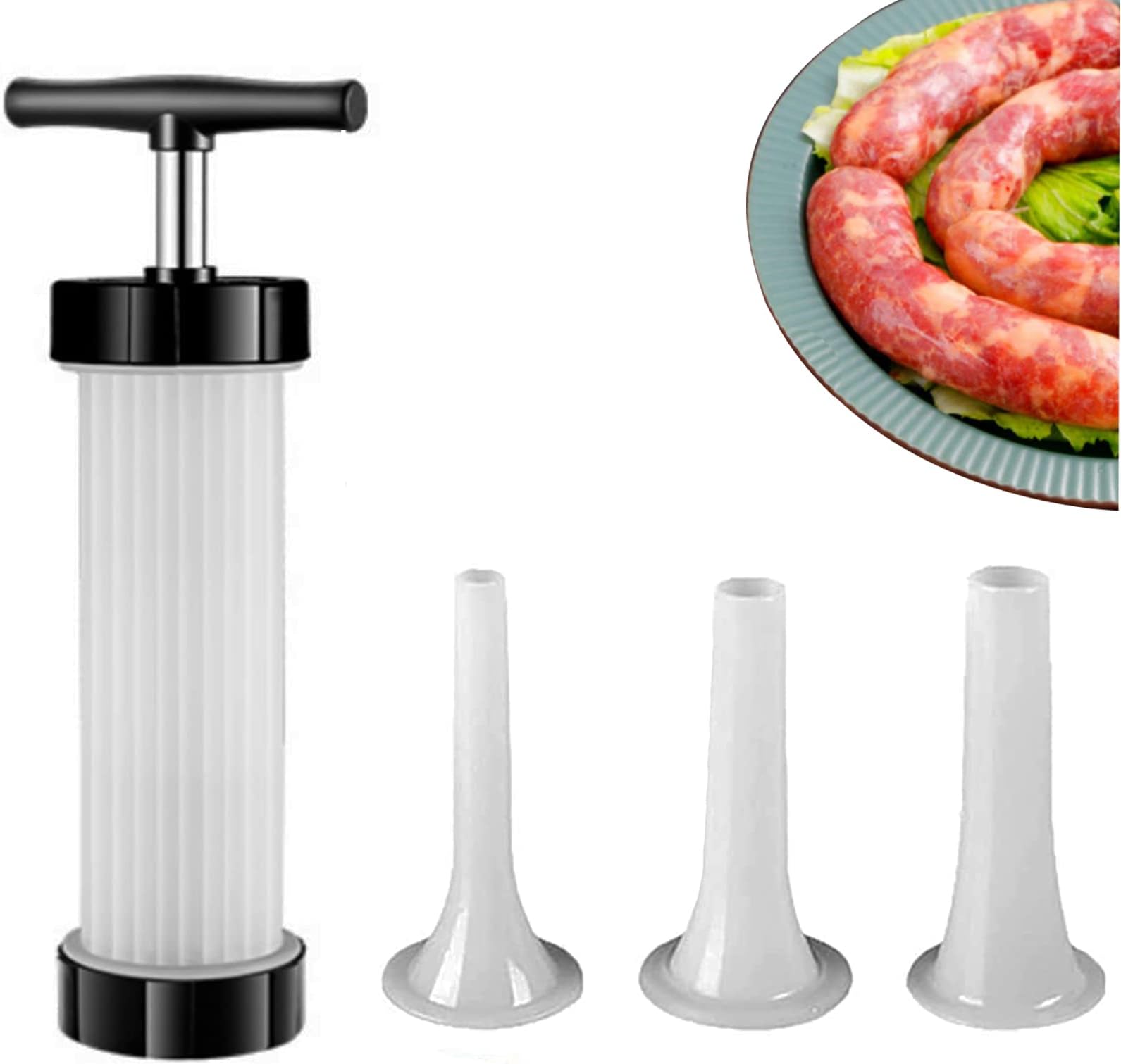 Sausage Stuffer - Homemade Manual Sausage Maker, Fast Meat Filling Machine, Food Grade Kitchen Sausage Stuffer Tool for Household Use (3 Stuffing Tubes)