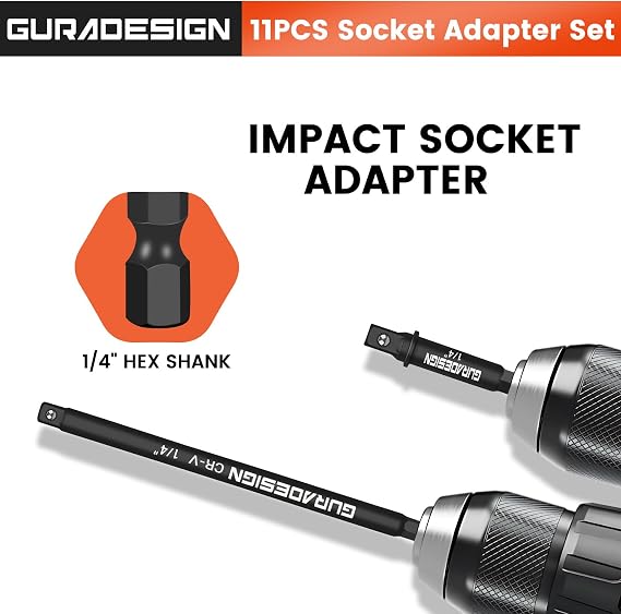 GURADESIGN 11-Piece Impact Socket Adapter Set for Drill, 3-Inch and 6-Inch Hex Shank, Socket to Drill Adapter 1/4