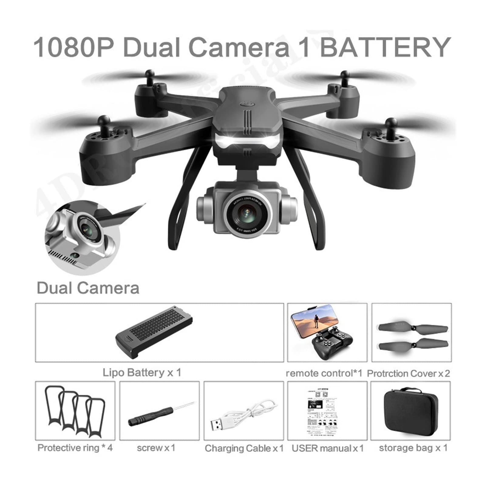 Drone Drone 4k Profession HD Kamera szerokokątna 1080P WiFi FPV Drone Podwójna wysokość kamery Utrzymuj drony Kamera Helikopter Zabawki Jeden klucz Start/lądowanie (Kolor: 1080P-Podwójny aparat-1B