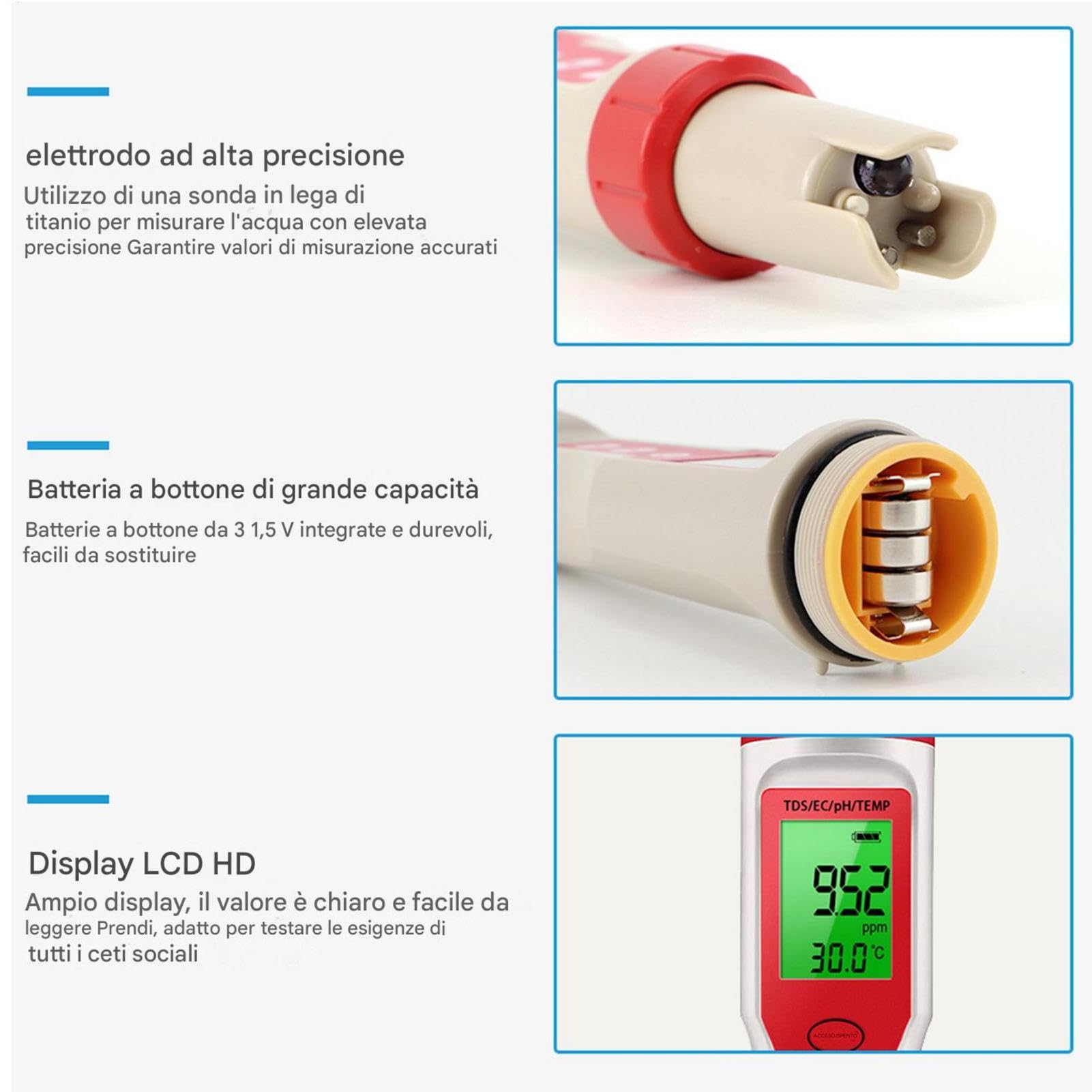 PH Reader per acqua, Water PH Tester, Elevata precisione 4 in 1 PH Digital PH METER, Misuratore di temperatura EC, strumento di test per i nutrienti che coltivano il giardinaggio idroponico
