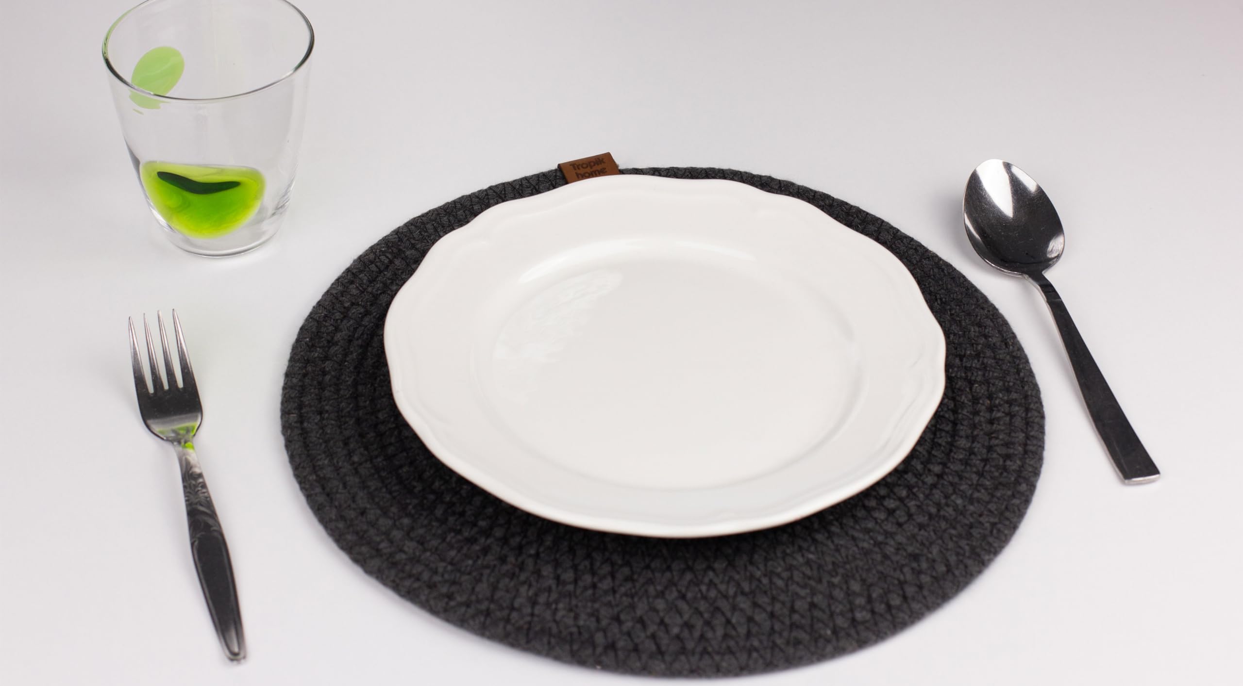 Tropik Home 12" Round Cotton Placemats & Coasters Set, Handmade, available in Grey, Cream and Dark Grey (Dark Grey, Set of 4)