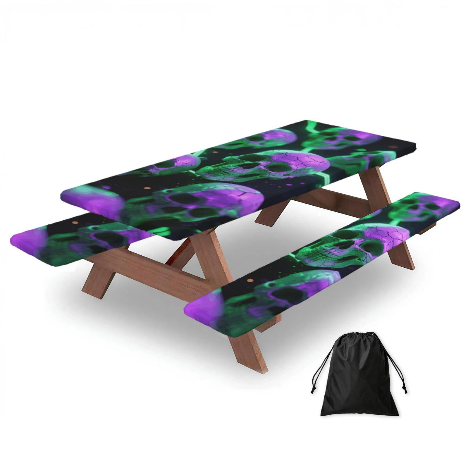 FekiLoot Green Purple Skull Picnic Table Cover with Bench Covers and Bag, Windproof Waterproof Rectangle Tablecloth with Elastic Edges Fitted Camping Table Covers for Picnic Party Travel