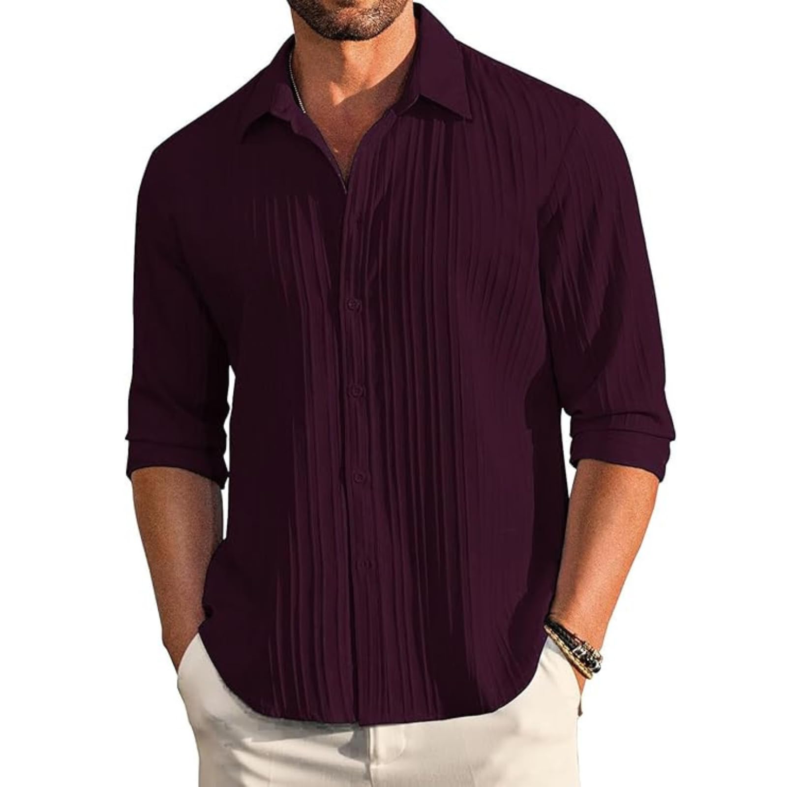 deelmo Men's Button Down Dress Shirts Textured Long Sleeve Casual Hawaiian Beach Shirt-picture-12