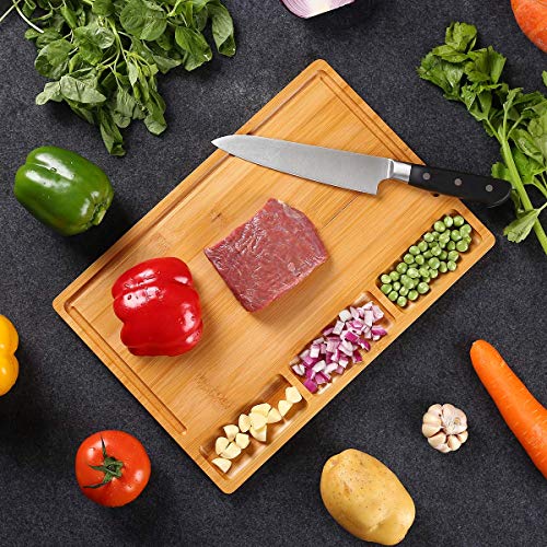 image for HHXRISE Organic Bamboo Cutting Board, With 3 Built-In Compartments And