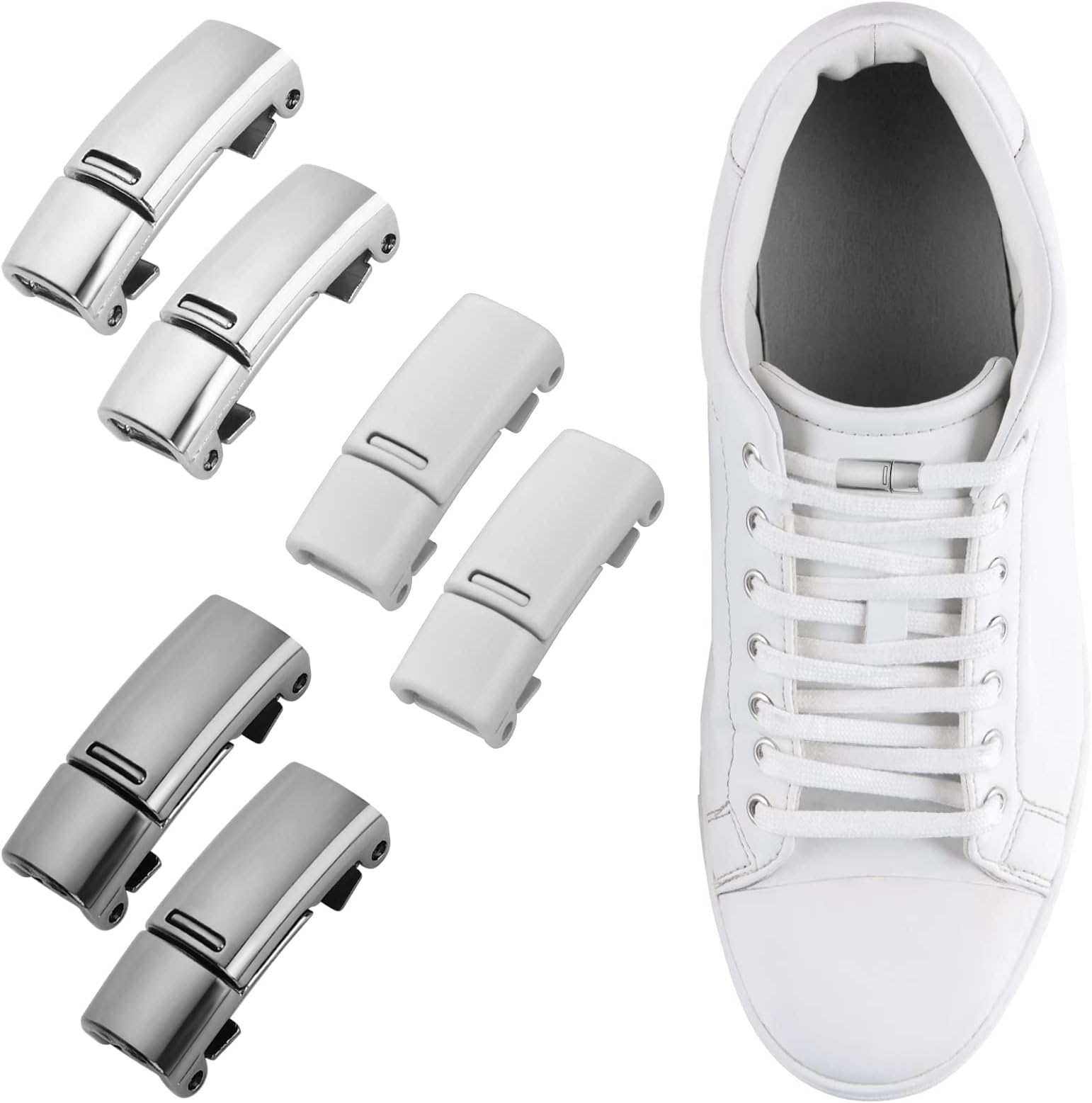 Grevosea 6 Pieces No Tie Shoe Laces for Adults, Shoelaces Buckle Lock No Tie Elastic Shoelaces Magnetic Shoe Laces Lock One Size Fits All Kids & Adult (White, Black, Silver)