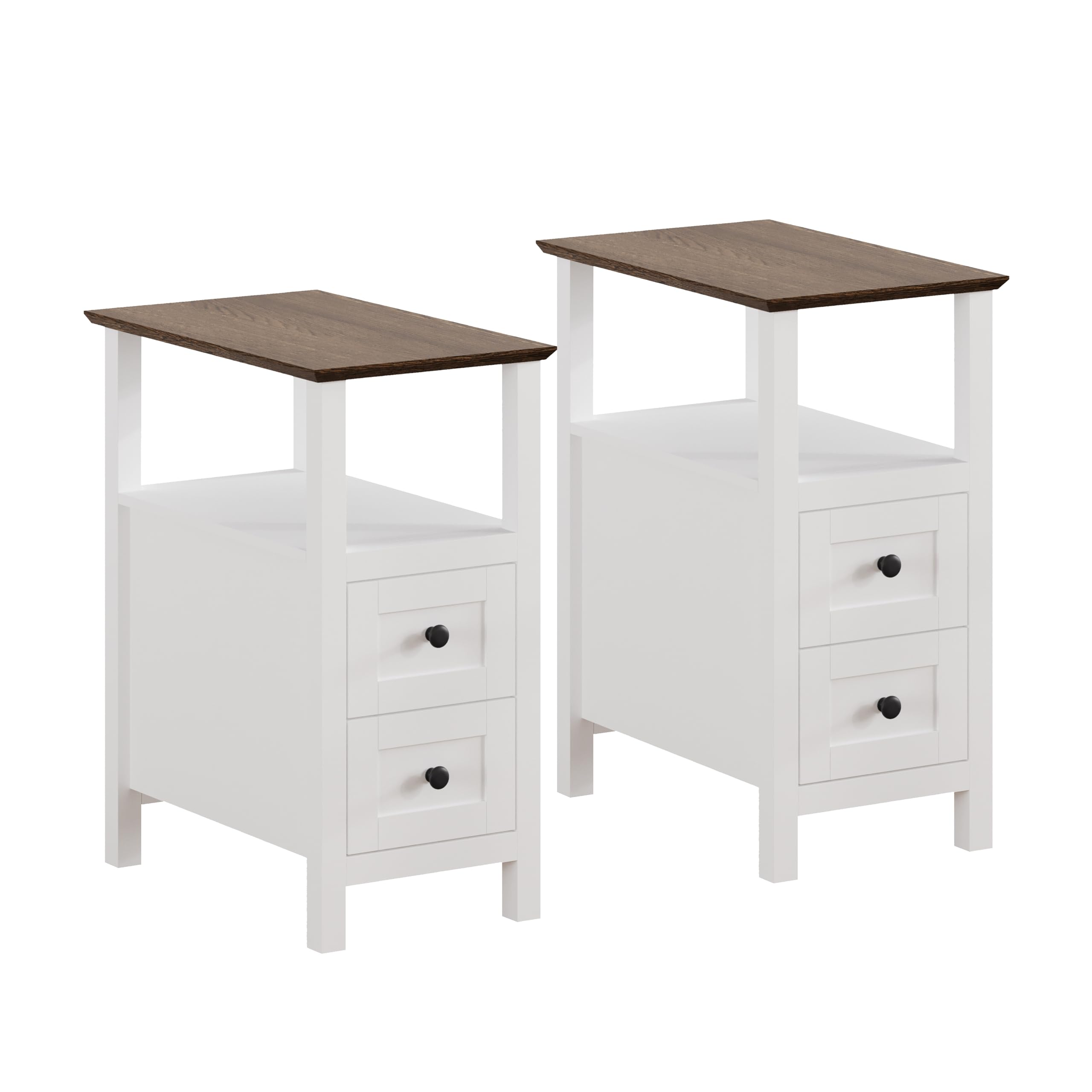 ChooChoo Farmhouse End Tables Set of 2, 3-Tier Narrow Nightstand with 2 Drawers, Slim Bedside Tables with Open Shelf for Small Space Living Room,White