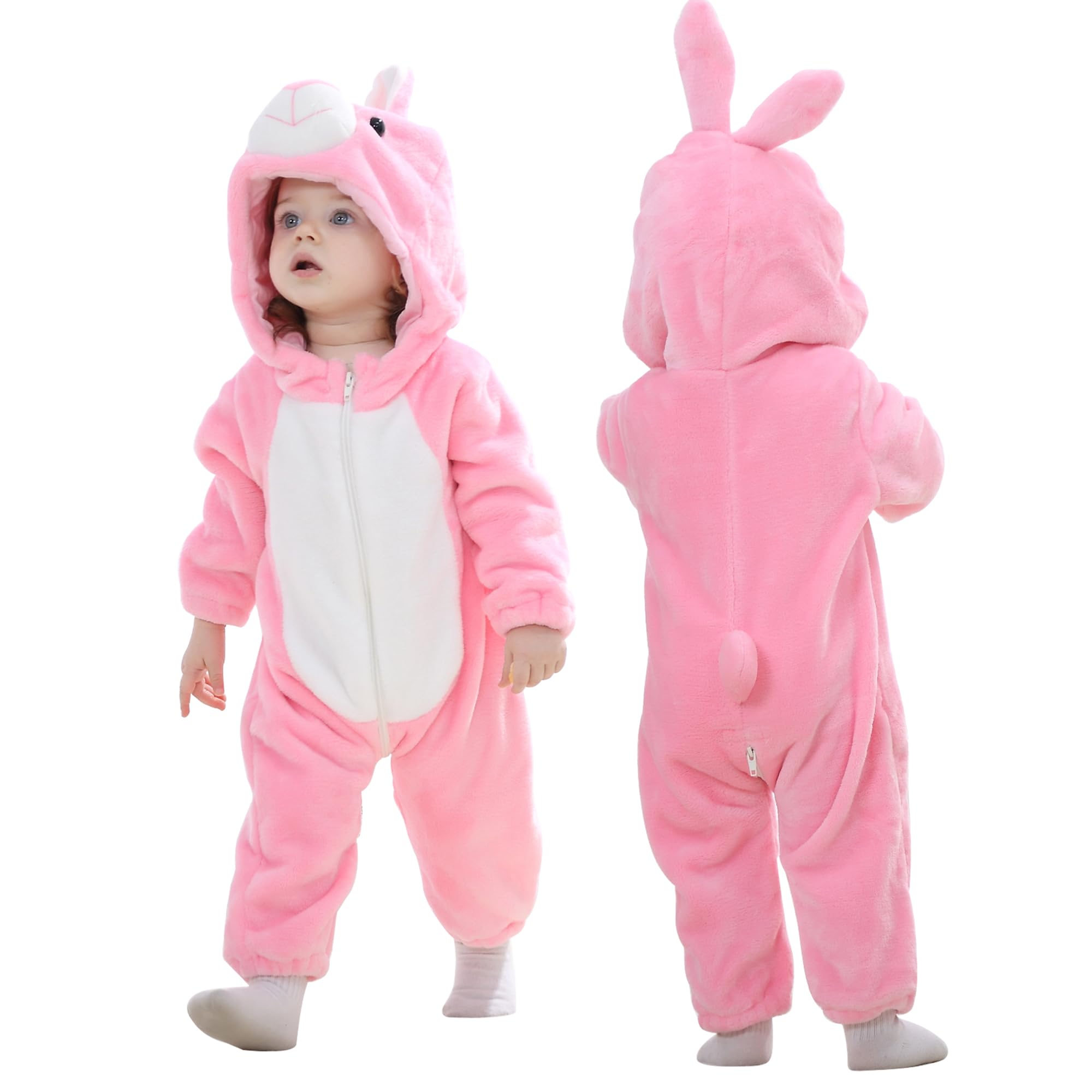 COOKY.D Infant Hooded Baby Rompers Animal Jumpsuit Soft Flannel Winter Cosplay Costume for Baby Girls Boys, 2-6 Months, Rabbit