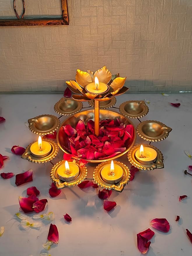 Golden Lotus Diya and Lantern Set, Traditional Puja Decor, Multi-Diya Holder with Tealight Candles-image-12