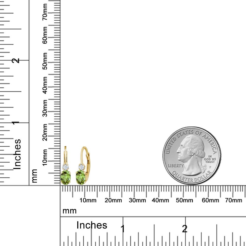 Gem Stone King 14K Yellow Gold Green Peridot and White Created Sapphire Leverback Earrings For Women | 1.08 Cttw | Gemstone August Birthstone | Oval 6X4MM, Round 2MM | 3/4 Inch