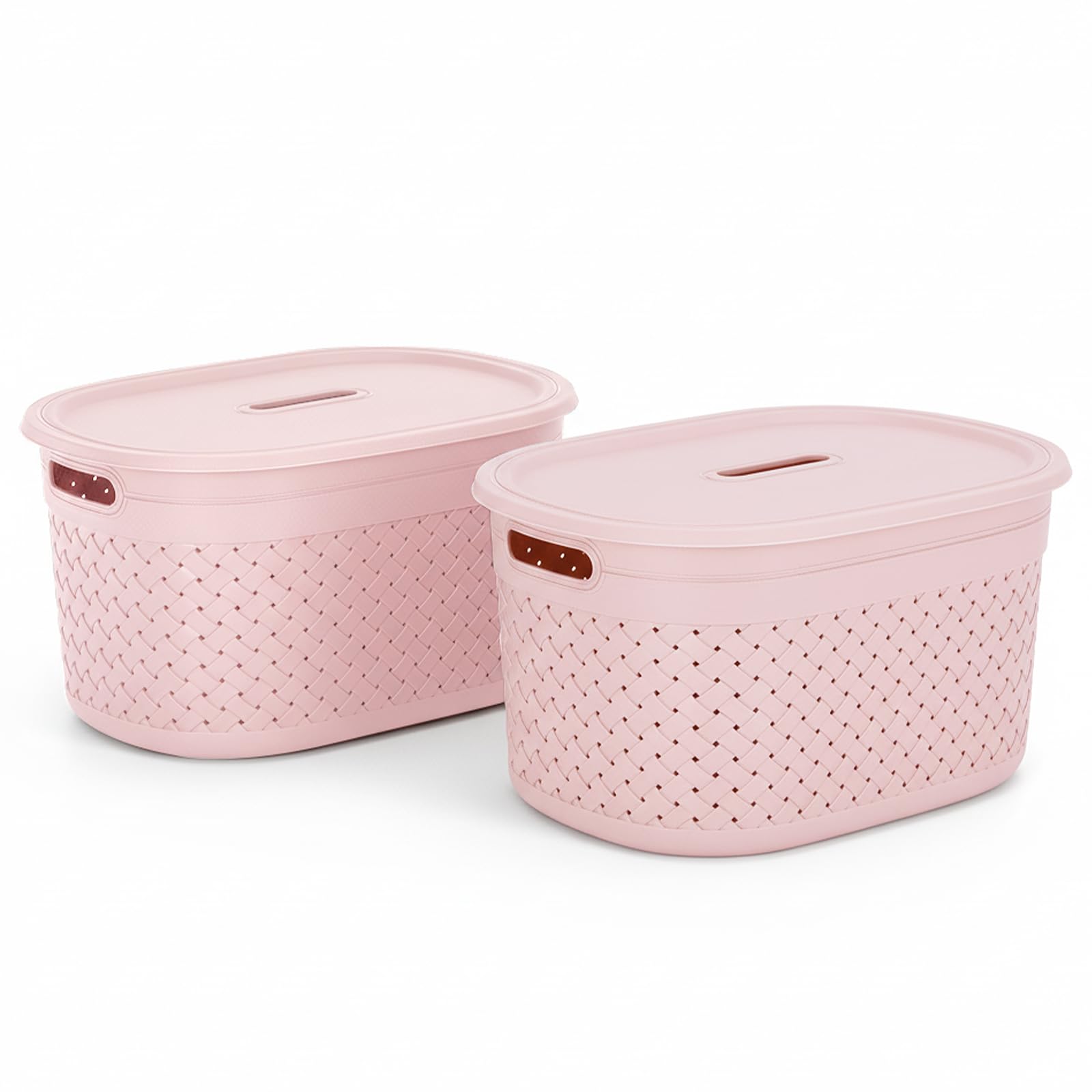 KOLORR Stitch Plastic Storage Basket Extra Large with Lid (Pack of 2) Multipurpose Storage Organiser Basket for Home/Kitchen/Wardrobe/Fruits/Vegetables/Toys/Stationary - Diaso Pink