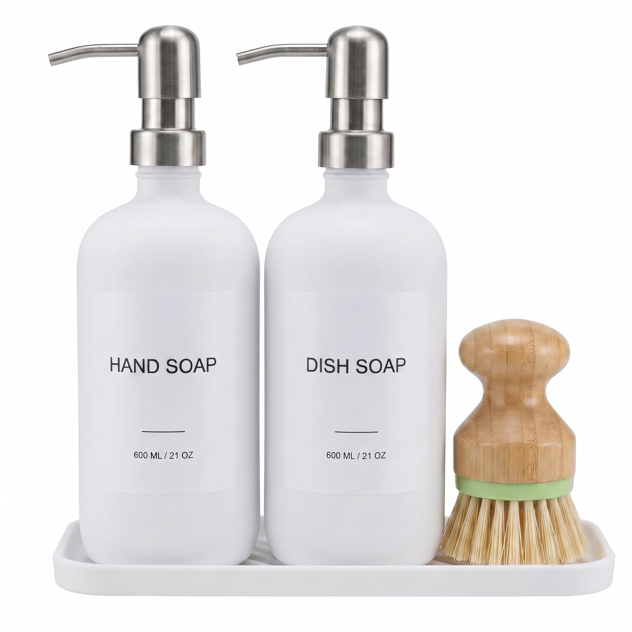 Hand & Dish Soap Dispenser with Dish Brush, Washing Up Liquid Dispenser Set 600ml, PET Plastic Bottle with Stainless Steel Pump, Silicone Tray & 8 Waterproof Labels for Kitchen Sink (White Silver)