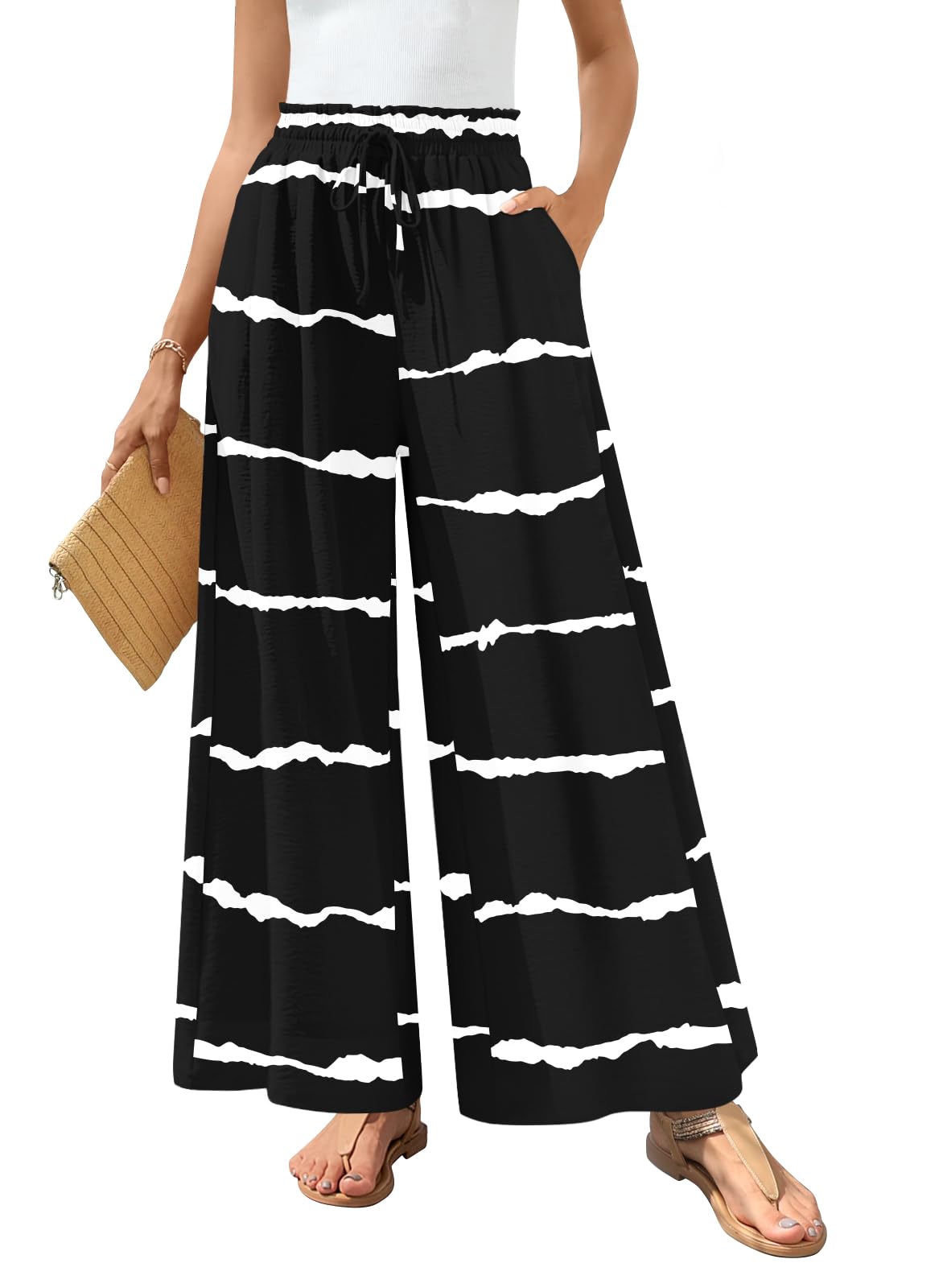 Bestbee Palazzo Pants for Women Dressy Casual Wide Leg Slacks Elastic Waist Outfits Flowy Pant with Pockets