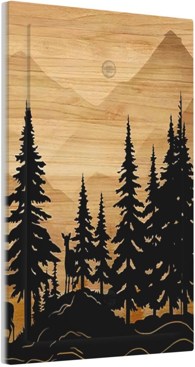 Rustic Forest Pine Tree Wood Blank Single Light Switch Cover Wall Plate Decorative Deer Country Farmhouse Brown Switchplate Outlet Faceplate for Kitchen Office