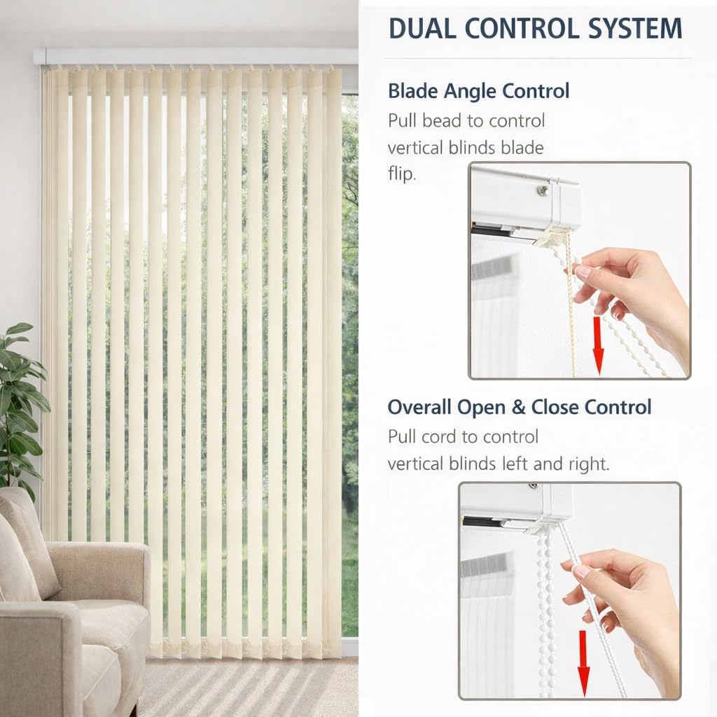 Vertical Blinds Beige for Sliding Doors, Room Darkening Window Vertical Shades 78" 83" 88" 92" 102" 108" Cordless Living Room Privacy Slats, Smooth Gliding Track System(35" W x 64" H)