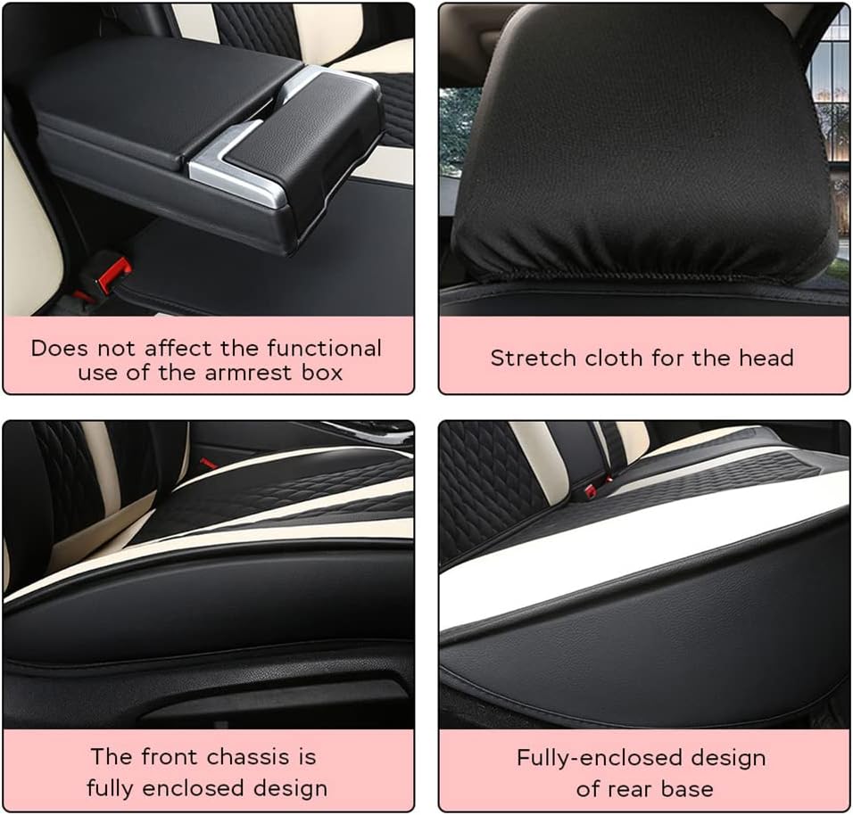 Custom Car Cover for Truck Sedan Coupe & SUV Van 5-Car Cushion Cover Full Set Needlework PU Leather Luxury Set (Beige & Pink)