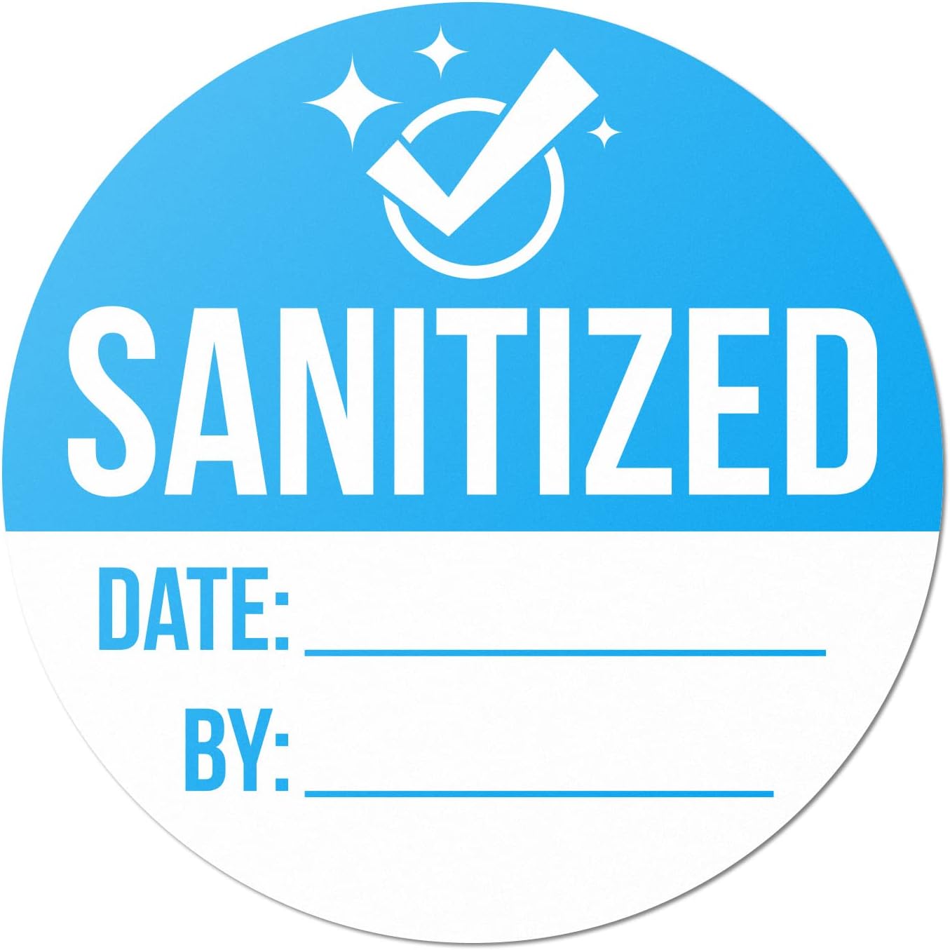 Customizable Sanitized Stickers (2 x 2 inch, Blue - 300 Labels) Sanitized Labels with Date and by for Hotels, Rental Cars, Rental Homes, Airbnb, Restaurants, Restrooms, Bathrooms or Schools