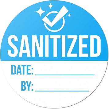 Customizable Sanitized Stickers 2 x 2 inch, Blue - 300 Labels Sanitized Labels with Date and by for Hotels, Rental Cars, Rental Homes, Airbnb, Restaurants, Restrooms, Bathrooms or Schools