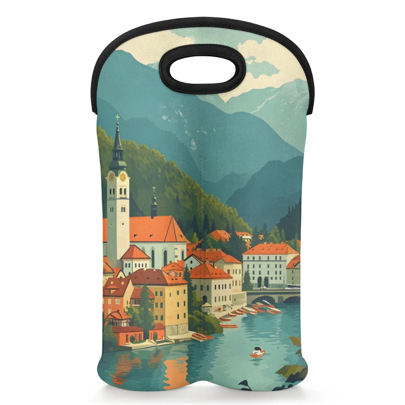 GzLeyigou 2 Bottles Village Wine Bag Sleeve Totes Neoprene Protective Wine Carrier Bag for Wine,Water, Champagne, Beer, Baby Bottles,Gift 14.5 x 10 Inches