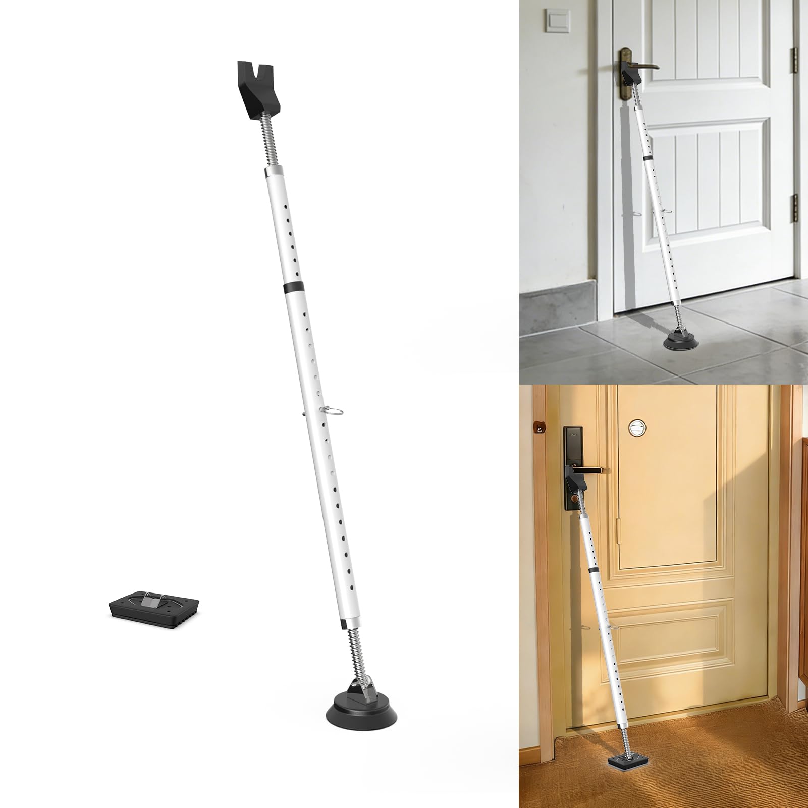 3-H Seguridad para puerta antirrobos sin taladrar, barra telescópica de 77 – 124 cm, barra de sujeción de acero con pie de goma antideslizante de repuesto, barra de seguridad para puertas de casa