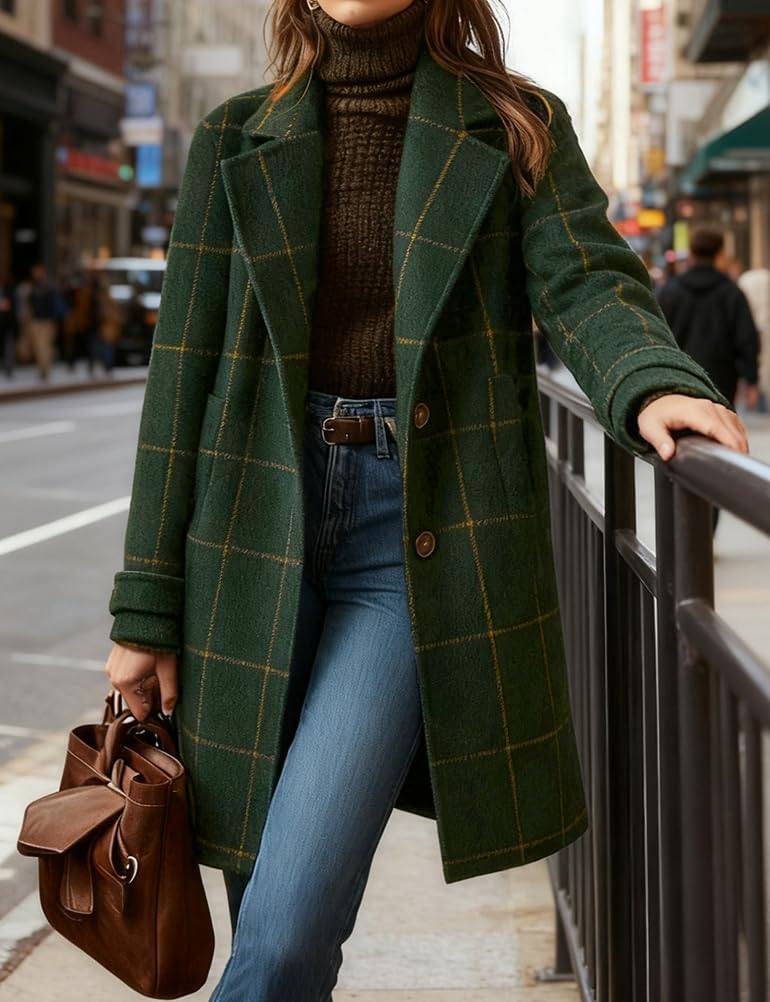 Kinghua Plaid Wool Coats for Women Fall Winter Casual Checkered Long Dress Blazer Jackets Trench Coats Peacoats