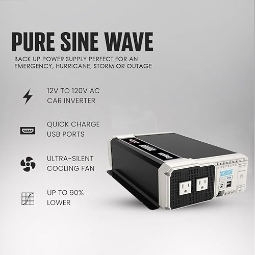 Miniatura 5 de Energizer Inversor de corriente de onda sinusoidal pura de 2000 vatios, convertidor de 12 V CC a 110 V120 V para familia RV sistema solar fuera de