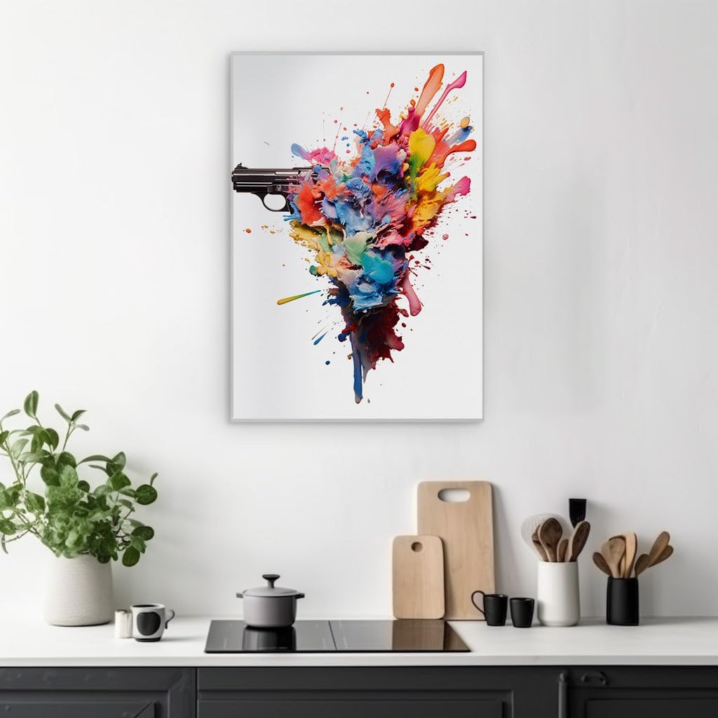 Canvas for Living Room. Art Unleashed with a Bang - A Vivid Paint Explosion from The Barrel of a Gun Against Stark Whiteness, 27 x 18 inch Canvas Wall Art - Strokes and Lines - Modern Home Decor
