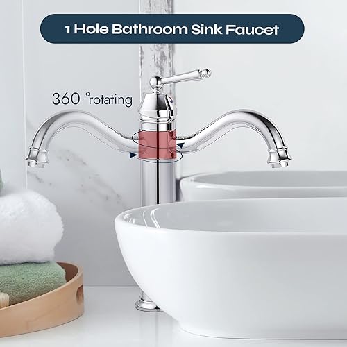 Miniatura 5 de gotonovo Grifos para lavabo de baño, cromo pulido, un solo mango, cuerpo alto, caño giratorio, acabado plateado, desagüe desplegable sin