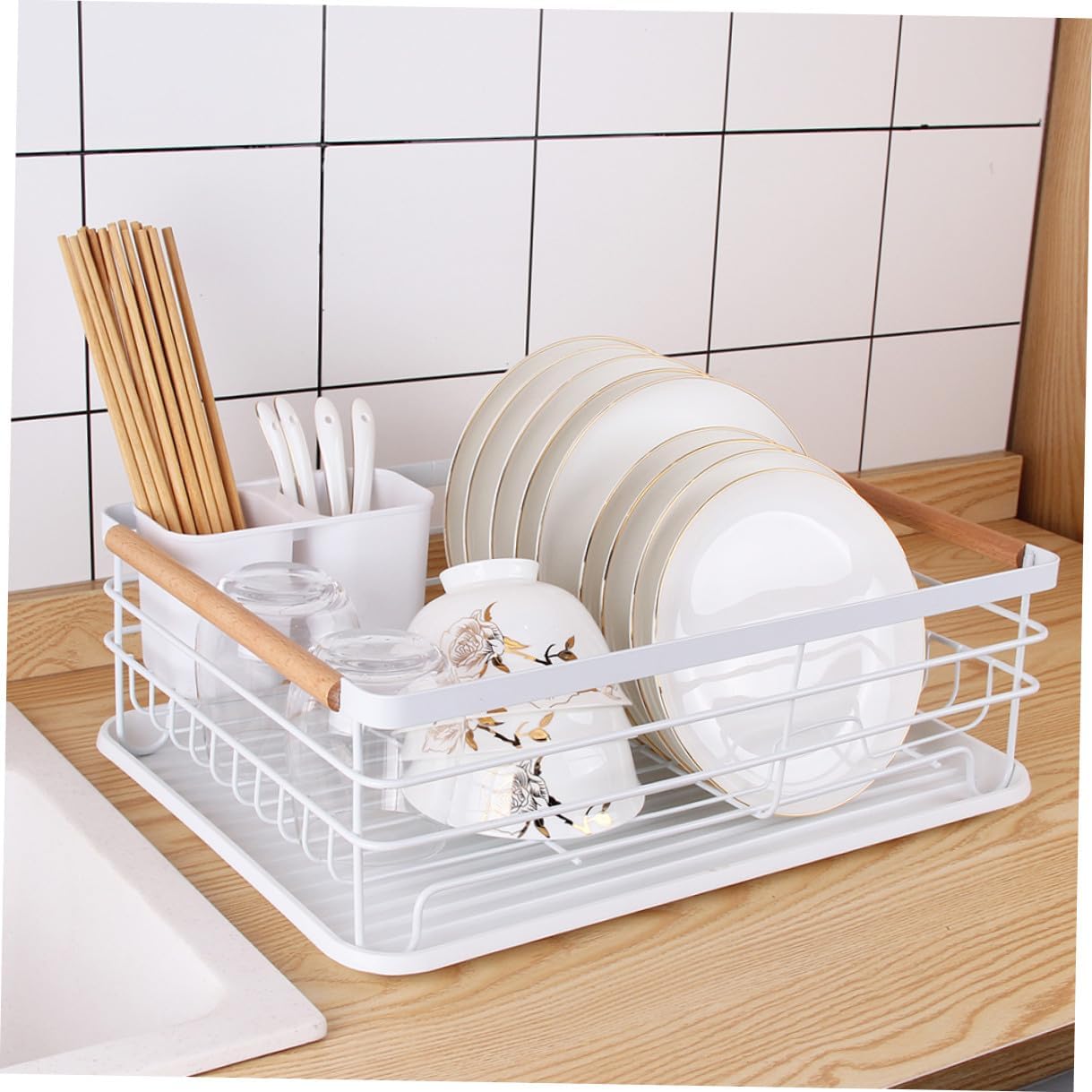 Kitchen Dish Rack Tableware Drain Rack Single-Layer White Iron Multifunctional Dish Draining Organizer for Home Kitchen Counter