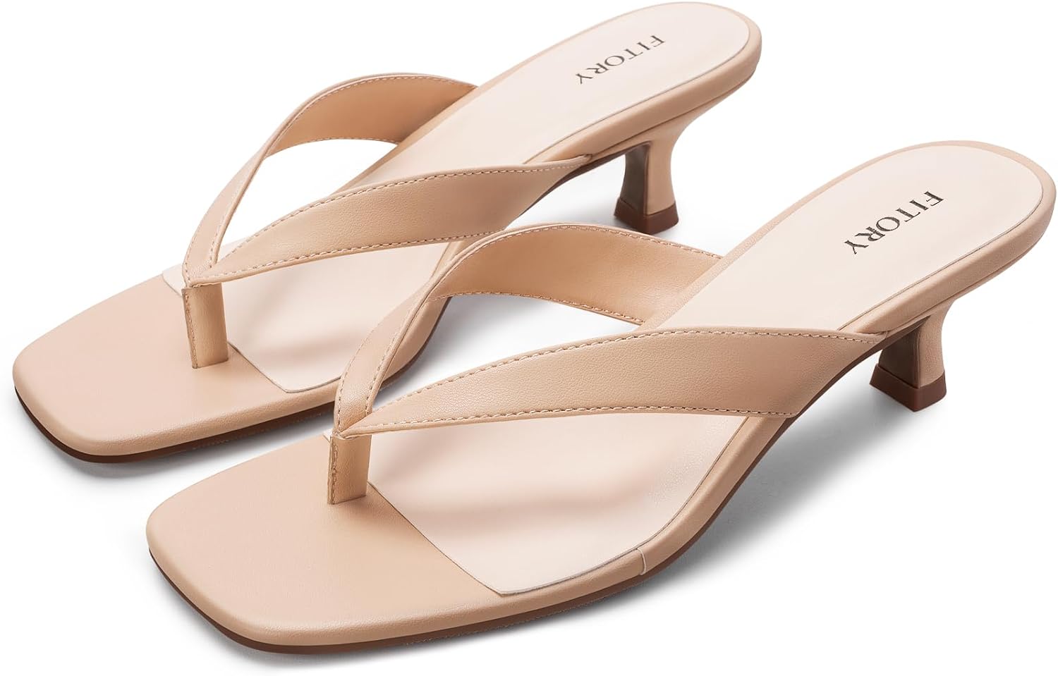 FITORY Women's Sexy Kitten Heel Flip Flops,Square Open Toe Low Heel Sandals, Slip on Comfortable Thong Heels for Causal