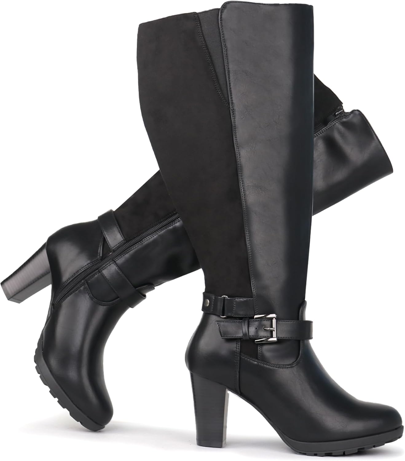 Women's Plus Size Extra Wide Calf High Heel Dress Boots with Ankle Buckle