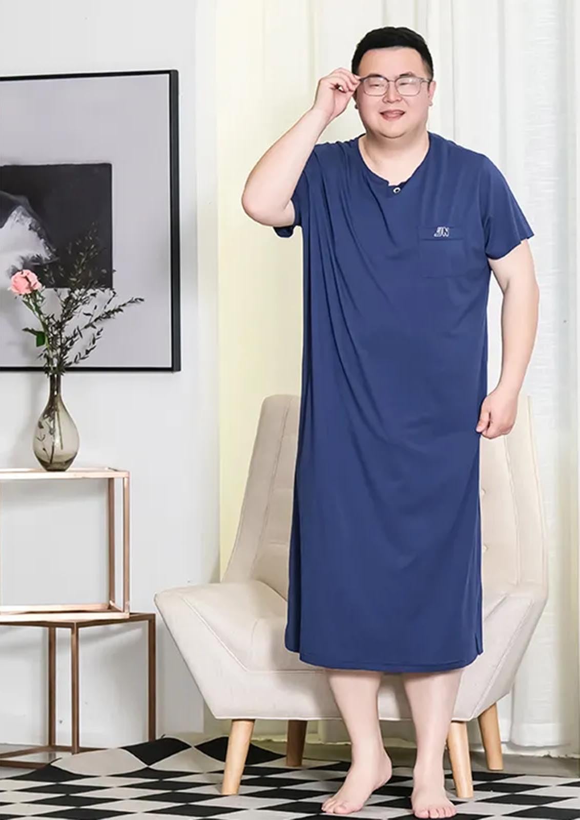 Generic Męska koszulka nocna w rozmiarze plus size Wygodna koszula nocna z krótkim rękawem Big & Tall Henley,Blue,3XL