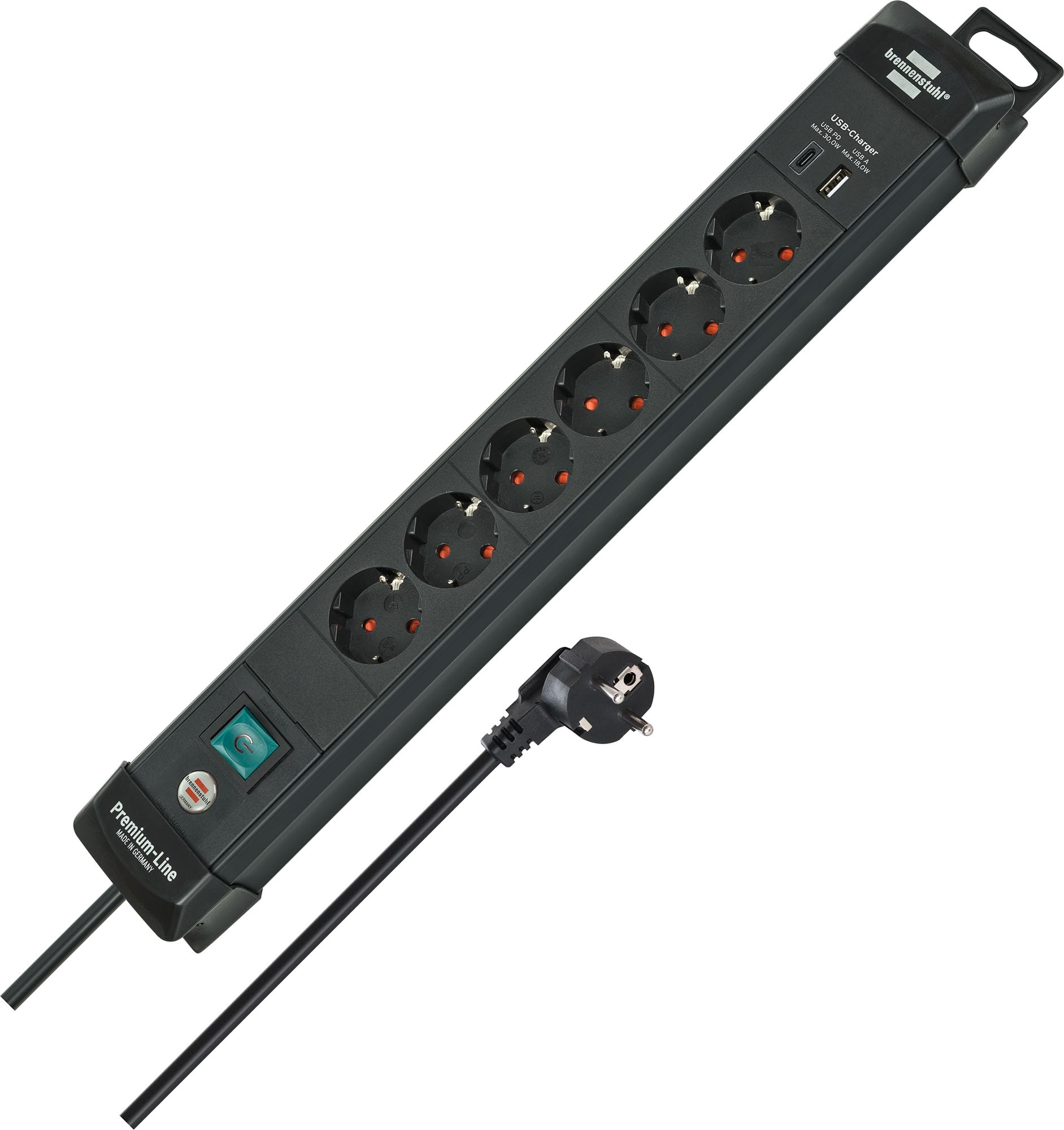 Brennenstuhl Premium Line - Ciabatta elettrica a 6 prese con USB C PD 30 W e USB A 18 W (Made in Germany, presa multipla con interruttore e cavo da 3 m, spina per montaggio a parete), colore: Nero