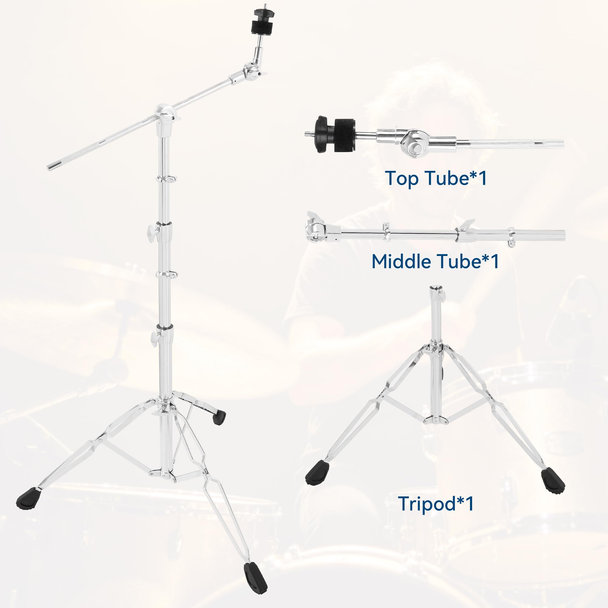 AKOZLIN Boom Cymbal Stand, Basin Stand with Galgen, 84-115 cm Height Adjustable, Double Stretched Tripod, Chrome