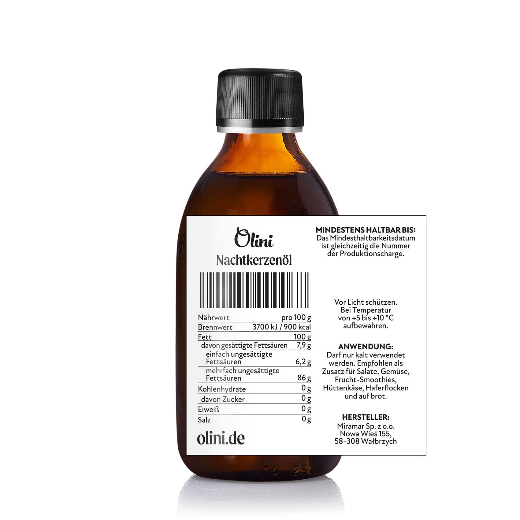 OLINI Nachtkerzenöl 250 ml Direkt aus der Ölmühle, Glasflasche, Kaltgepresst, Unraffiniert, Unbehandelt, Reich an Omega-6, Omega-3, Vitamin E, Gamma-Linolensäure GLA, Veganerfreundlich