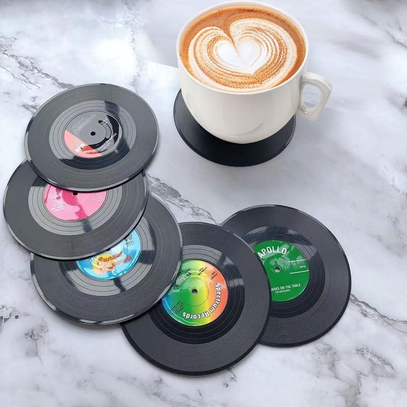 Miniatura 6 de 6 posavasos retro divertidos para discos de vinilo con reproductor, posavasos de música para amantes de la música, decoración del hogar,