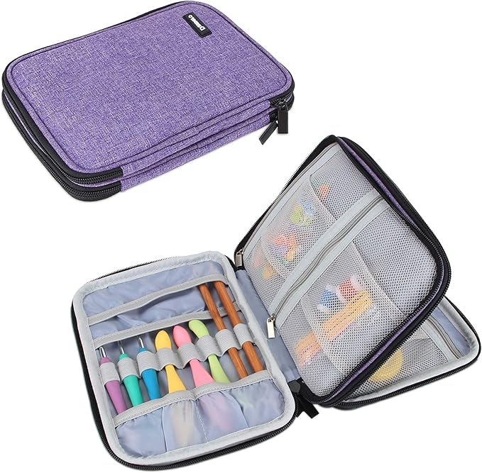 Damero Custodia per uncinetto, borsa da viaggio per la conservazione di uncinetti Swing, uncini in alluminio, aghi e accessori, Viola