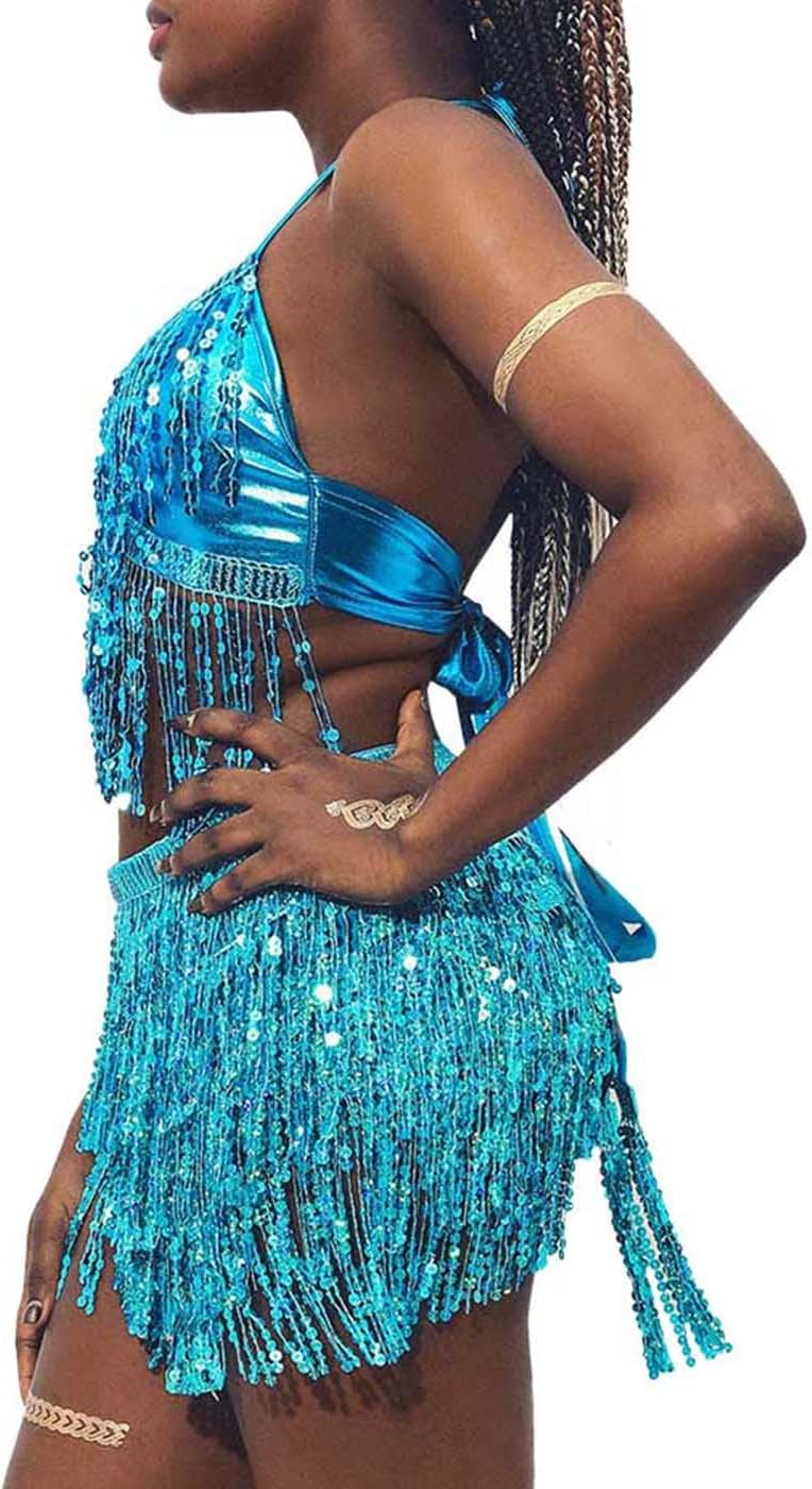 Zoestar Sequin Belly Dance Outfits Sparkly Rave Costume Skirts Tassel Sequin Bra Top Skirt for Women