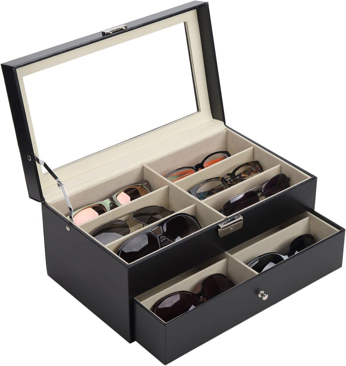 2-Tier Lockable Sunglasses Organizer & Eyeglasses Display Case - 12 Slot PU Leather Glasses Storage Box with Soft Velvet Lining,Jewelry & Watch Drawer, Eyewear Collection Storage Chest for Men & Women-image-37