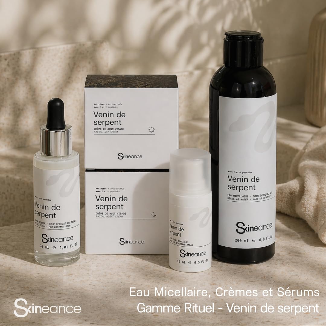 Skineance - Gamme Rituel Venin de Serpent | 5 Produits Soin Visage Anti-âge | Crème Jour 50 ml + Crème Nuit 50 ml + Eau Micellaire 200 ml + Sérum 30 ml + Sérum Zones Sensibles 15 ml | Coffret beauté