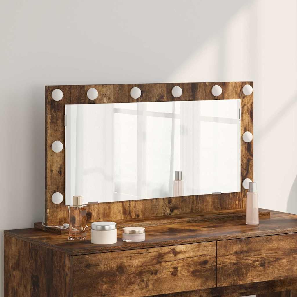 Espejo de tocador con tira LED roble ahumado 80 x 45 x 18 cm, cristal y madera chapada, luz blanca cálida, para dormitorio, baño y vestidor