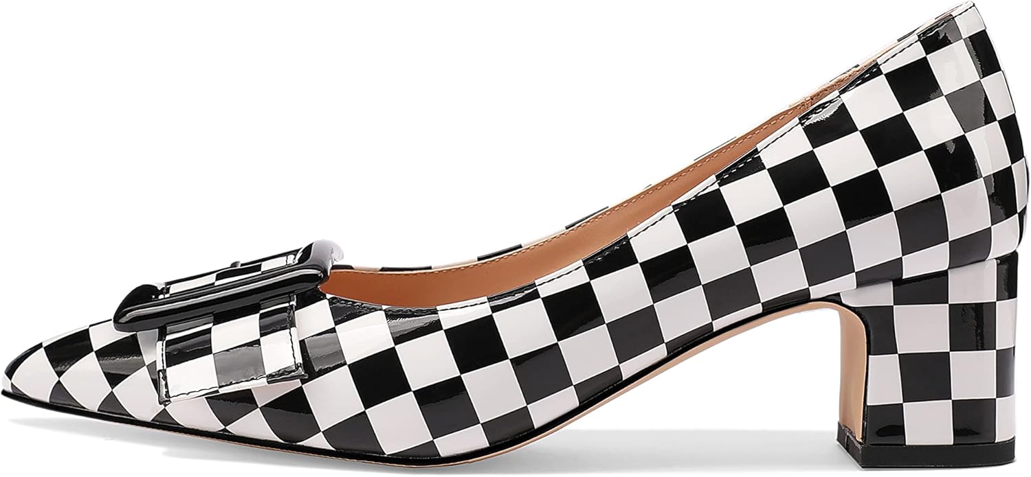 Women's Gold Metal Rectangle On Solid Patent Pointed Toe Chunky Low Heel Pumps Shoes 2 Inch - Image 2