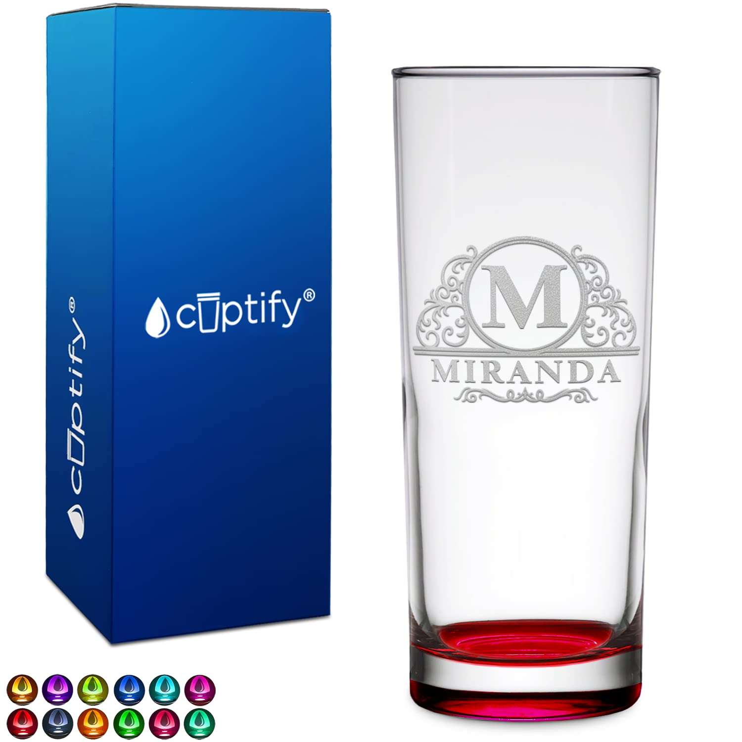 Custom Glasses Elaborate Circle Name 10 oz Red Bottom Etched Highball Glass Engraved with Personalized Text Party Favor Decoration Birthday Gift