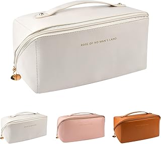Large Capacity Makeup Bag,Large Capacity Makeup Bag Travel Cosmetic Bags for Women, Double Layered Cosmetic Bag with Handle and Dividers, Waterproof Portable Leather Makeup Bags (off white)